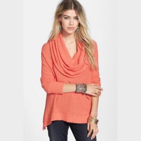 Free People Cowl Neck Slouchy Knit Sweater in Coral/Orange - Picture 1 of 8